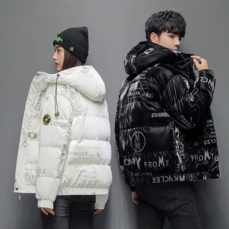 Men autumn and winter jacket letter print white duck down short version Korean fashion trend youth student hooded