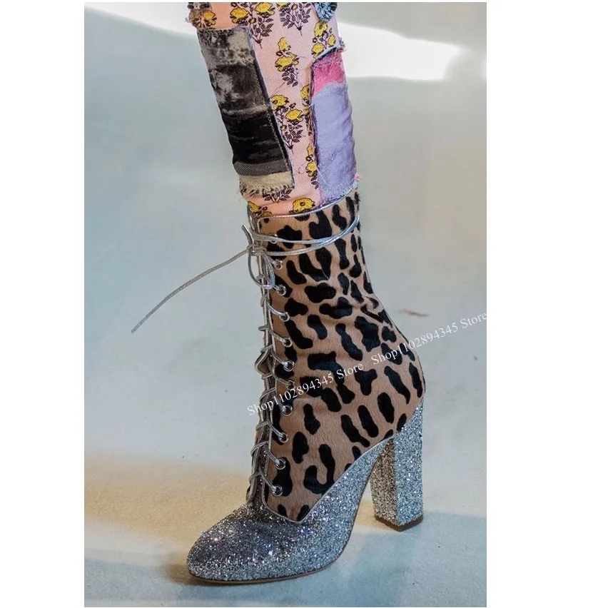 

Leopard Lace Up Glitter Patchwork Boots Chunky Heel Mid Calf Fashionable Sexy Novel Western Winter Woman Shoes Zapatillas Mujer