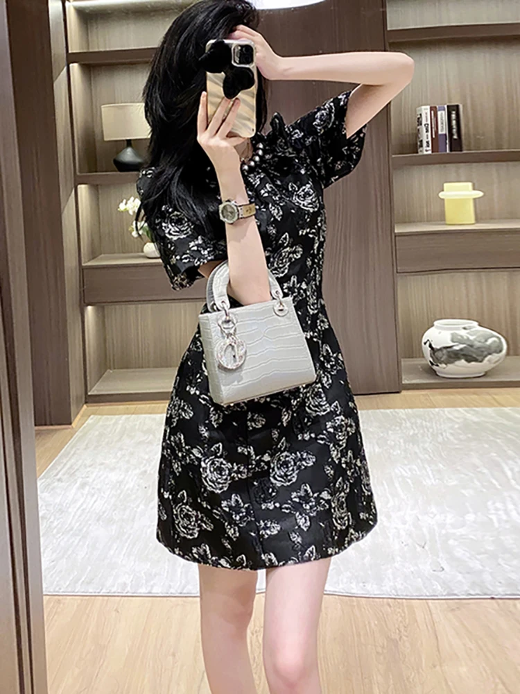 

Women Korean Vintage Festival Party Dress Summer Black Jacquard Floral Chic Beading Dress 2025 New Elegant Bodycon Casual Dress