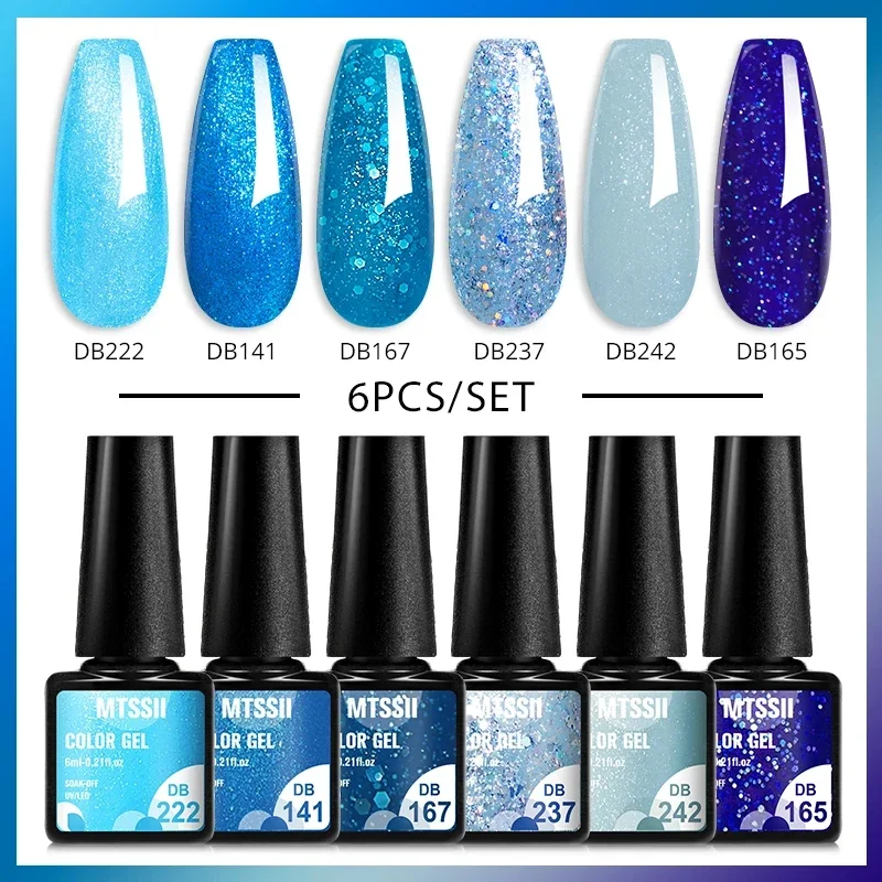 Mtssii 6Pcs/Set Sea Blue Purple Glitter Gel Nail Polish Peach Pink Color Semi Permanent Nail Art Gel Vernish For Manicure Kits image 4
