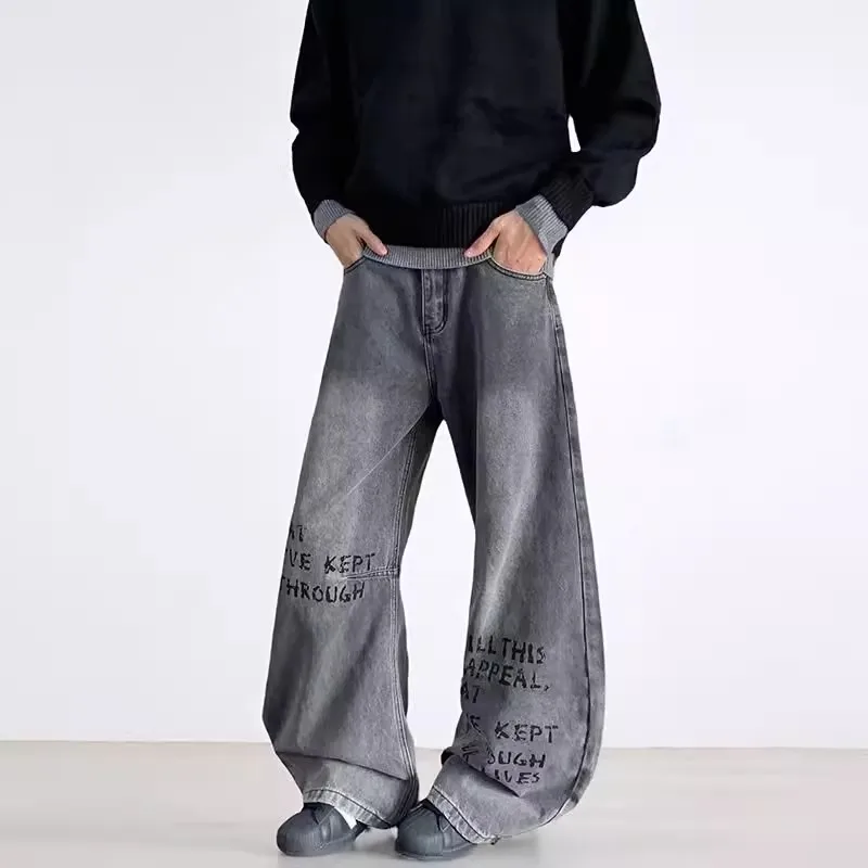 

American High Street Printed Knife Men's Jeans Loose Straight Leggings Faionable And Haome 2026 Spring Season