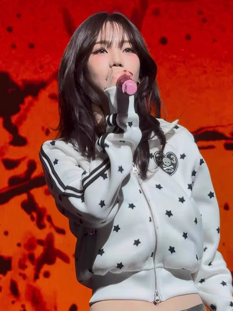 

Liu Zhimin American Retro Zipper Star Print Knitted Cardigan Women's ort Top Open Cardigan Outerwear Casual Sle Loose Fit