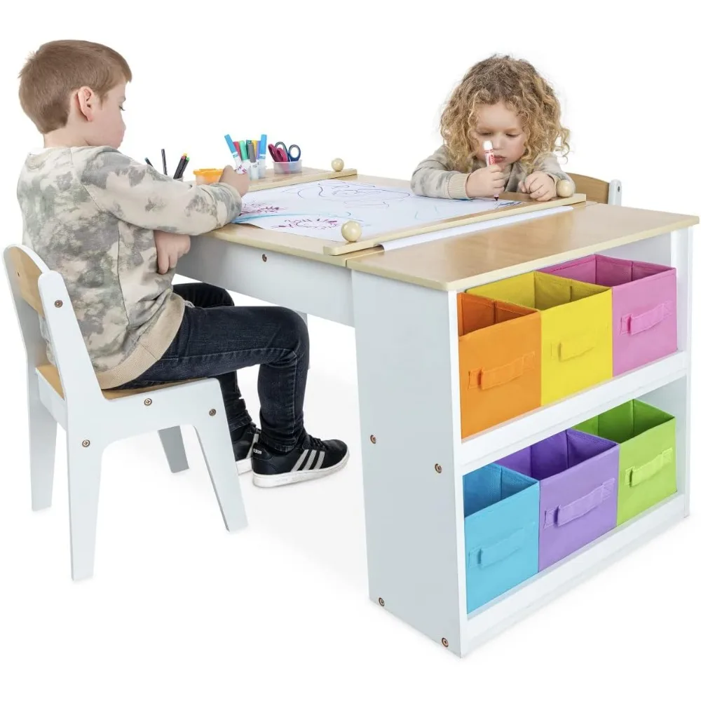 Kinderkunsttafel met speelkamerstoelen, handwerk voor peuters en speelhouten activiteitentafel met opbergbakken en papierrollen