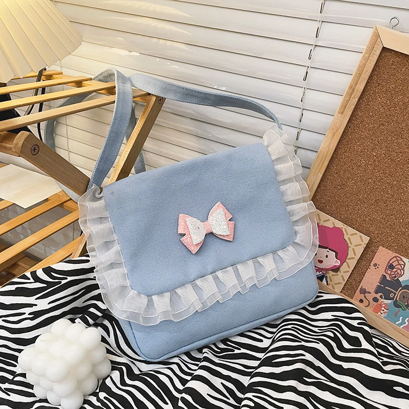 

HAEX Casual Harajuku Women Bags Fashion Daily Sweet Girls Dopamine Canvas Crossbody Shoulder Bag All Match Lace Bow Bolso Mujer