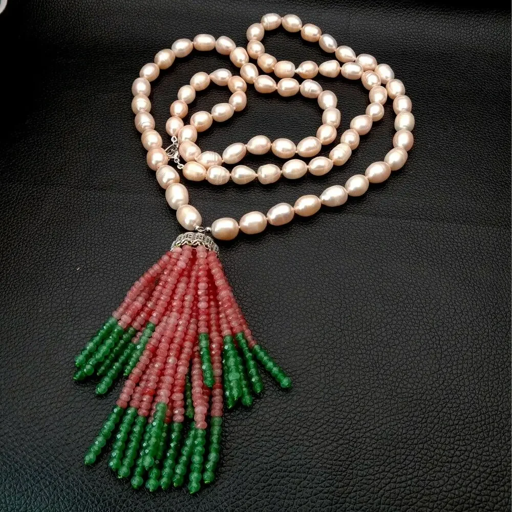 

Freshwater Pink Rice Pearl Necklace Jade Zircon pave Pendant