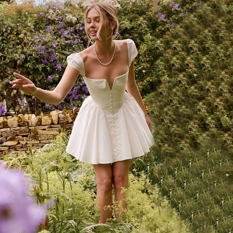 Vestido Sexy de corte a con escote cuadrado y escote en V profundo para mujer, vestido de fiesta con botones y manga corta de burbuja, Mini vestido ajustado de verano