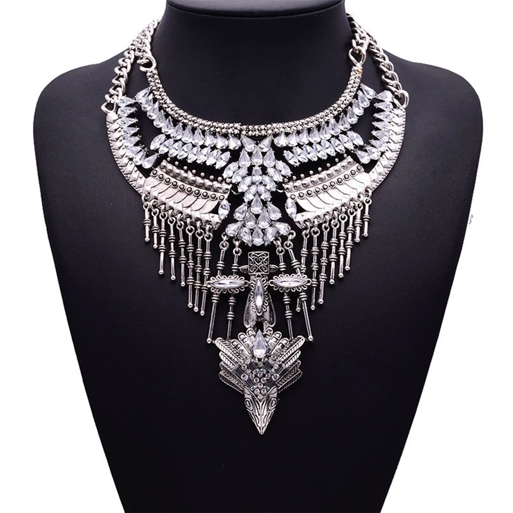 Costume Jewellery Luxury Statement Tribal Vintage Silver Color Oversized Crystal Rhinestone Big Bib Choker Necklace for Women