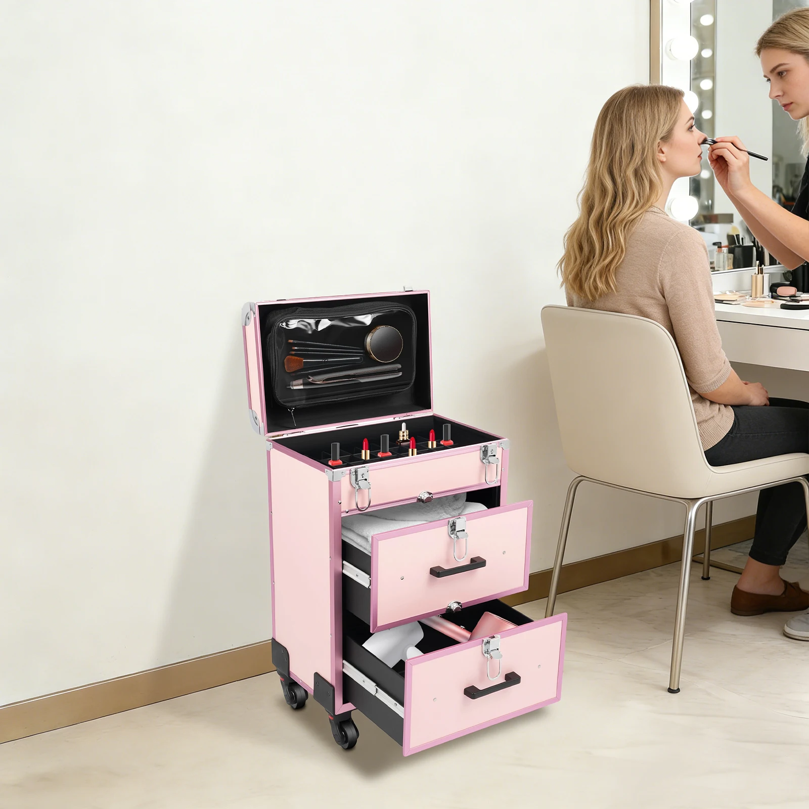 Bymaocar 40 Grids Makeup Train Case Pink Rolling Cosmetic Case 2 Large Drawers Detachable Storage Bag 3 Level Telescopic Handle Lightweight 14.8lbs Silent Universal Wheels for Nail Tattoo Beauty Salon view 2