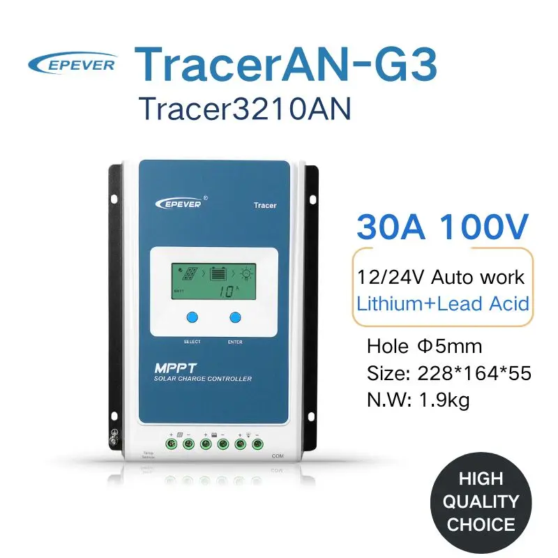 EPEVER Tracer 3210AN G3 30A MPPT Solar Charger Controller 12/24VDC Auto Max PV Voltage 100V Backlit LCD RS485 Communication