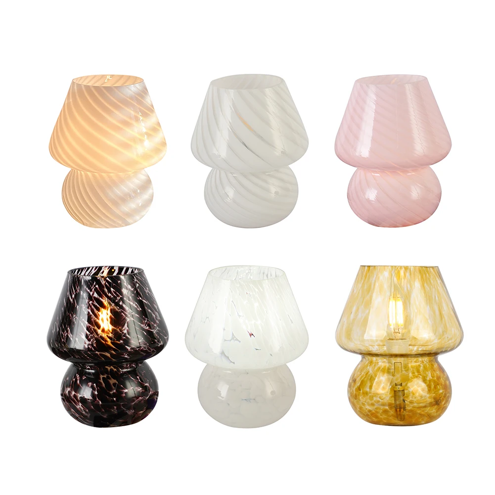 ヴィンテージガラスledデスクランプナイトライトヴィンテージストライプガラスキノコ型usb電源3調光可能