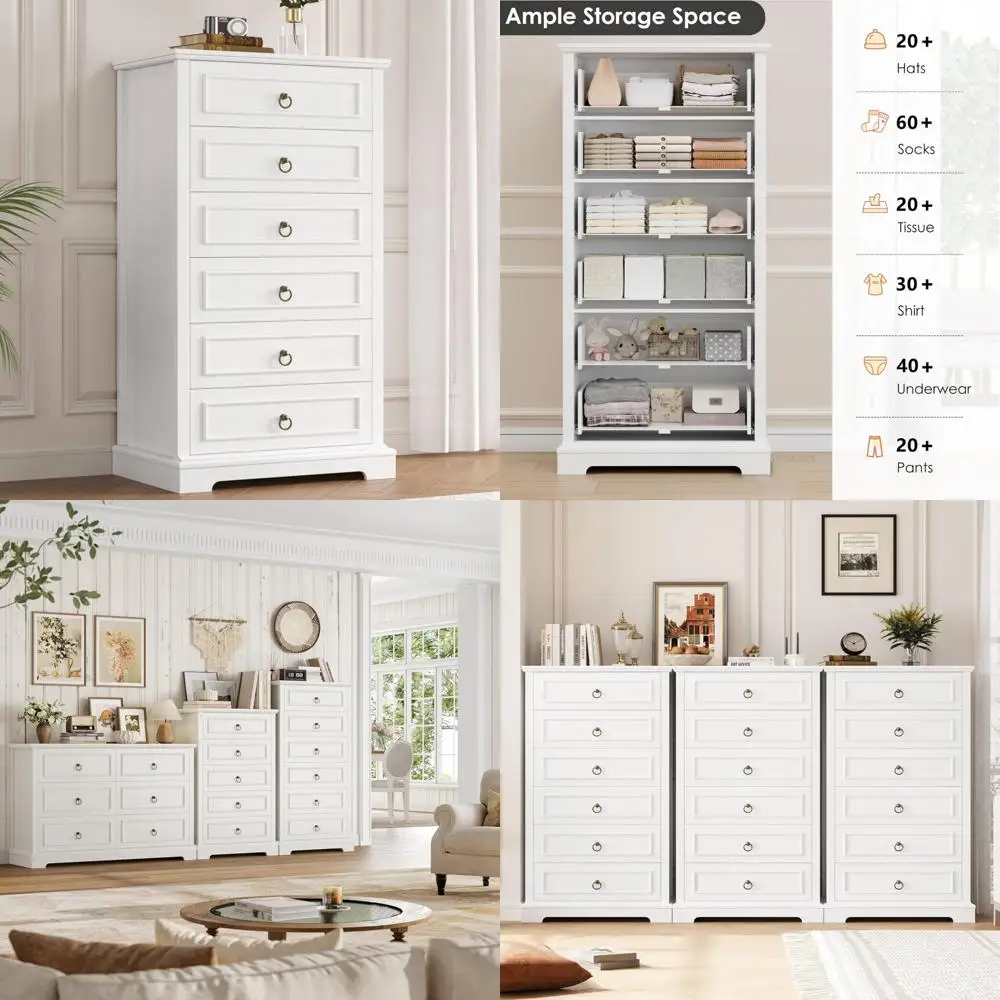 Modern Farmhouse Style White 6-Drawer Vertical Chest for Bedroom, 52-Inch Tall Wooden Dresser
