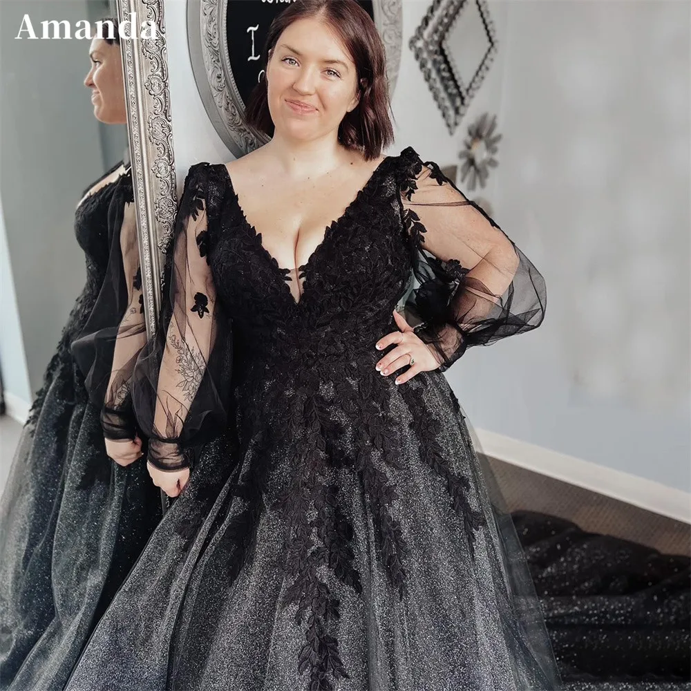 Amanda Gothic Black V-neck A-line Wedding Dress Plus Size Lace Embroidery Vestidos De Novia Elegant Puffy Sleeve Robe De Mariée