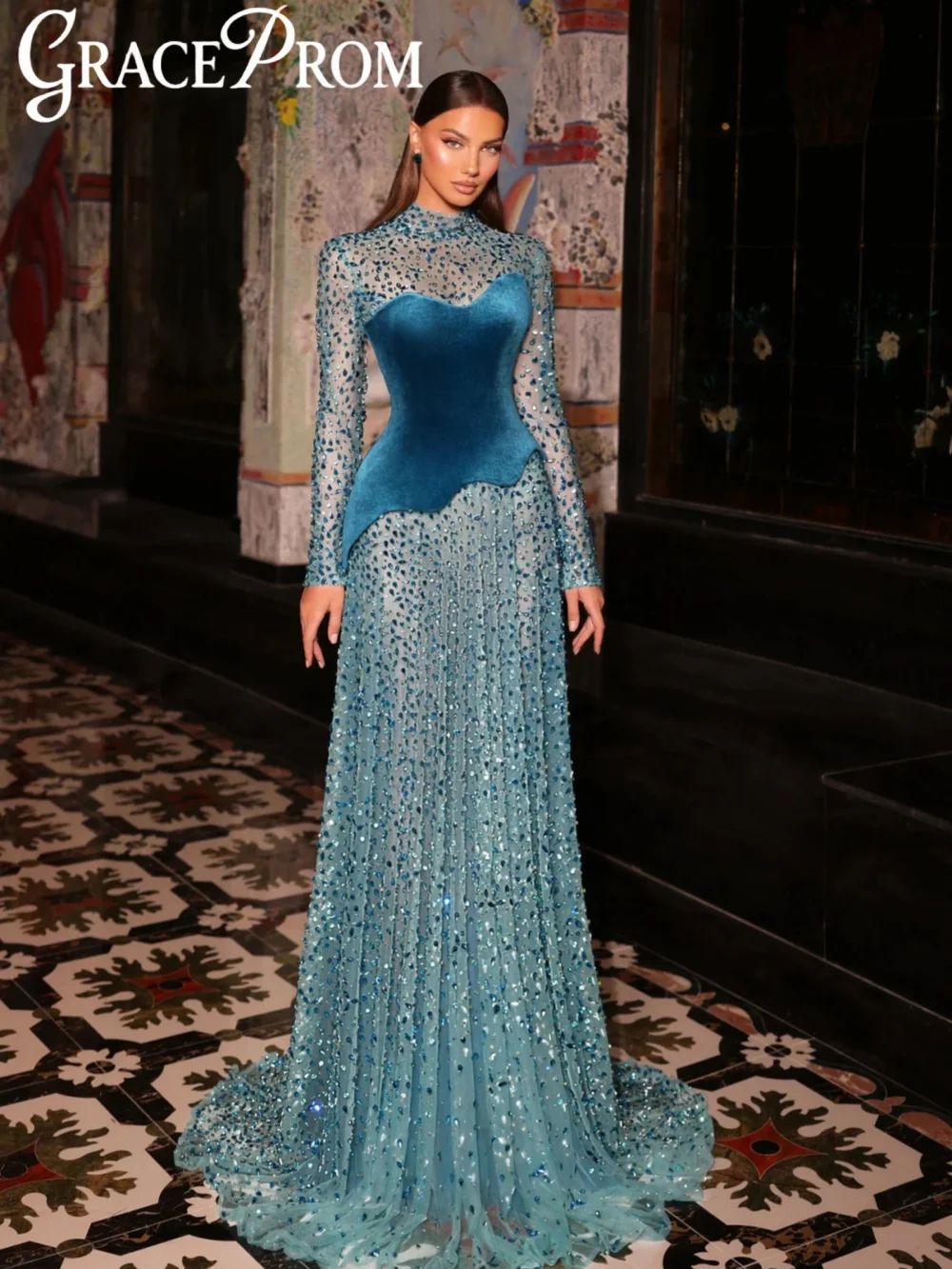 

Velvet Corset Blue Crystal Evening Dress Glamorous A-line Long Wedding Party Gown 2026 Customized Exquisite Banquet Dresses
