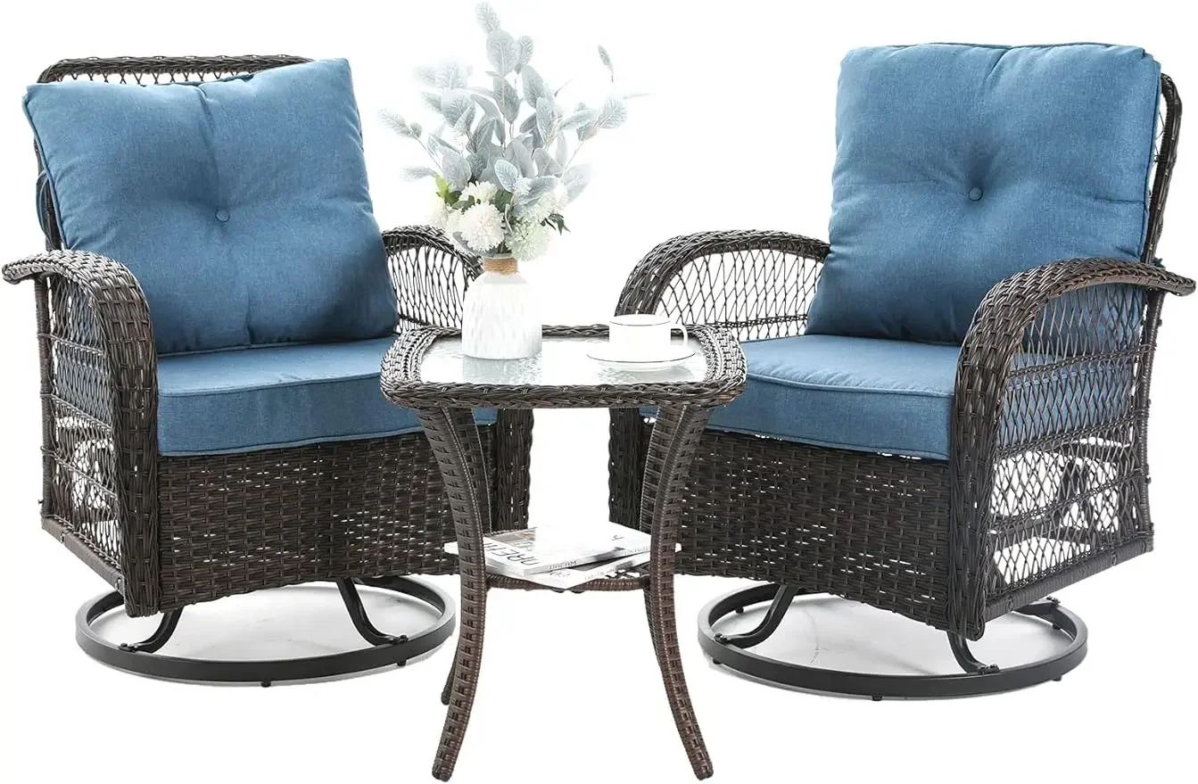 Patio Furniture Set, Outdoor Swivel Glider Rocker, Wicker Bistro Set with Rocking Chair, Thickened Cushions and Table for Porch