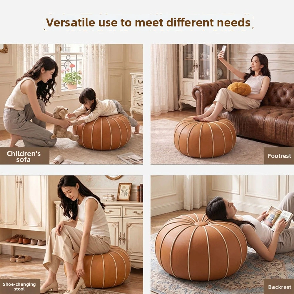 PU Leather Pouf Ottoman Cover Unstuffed Minimalist Sofa Footstool Cover Large Capacity Round Pumpkin Pouf Cover Living Room