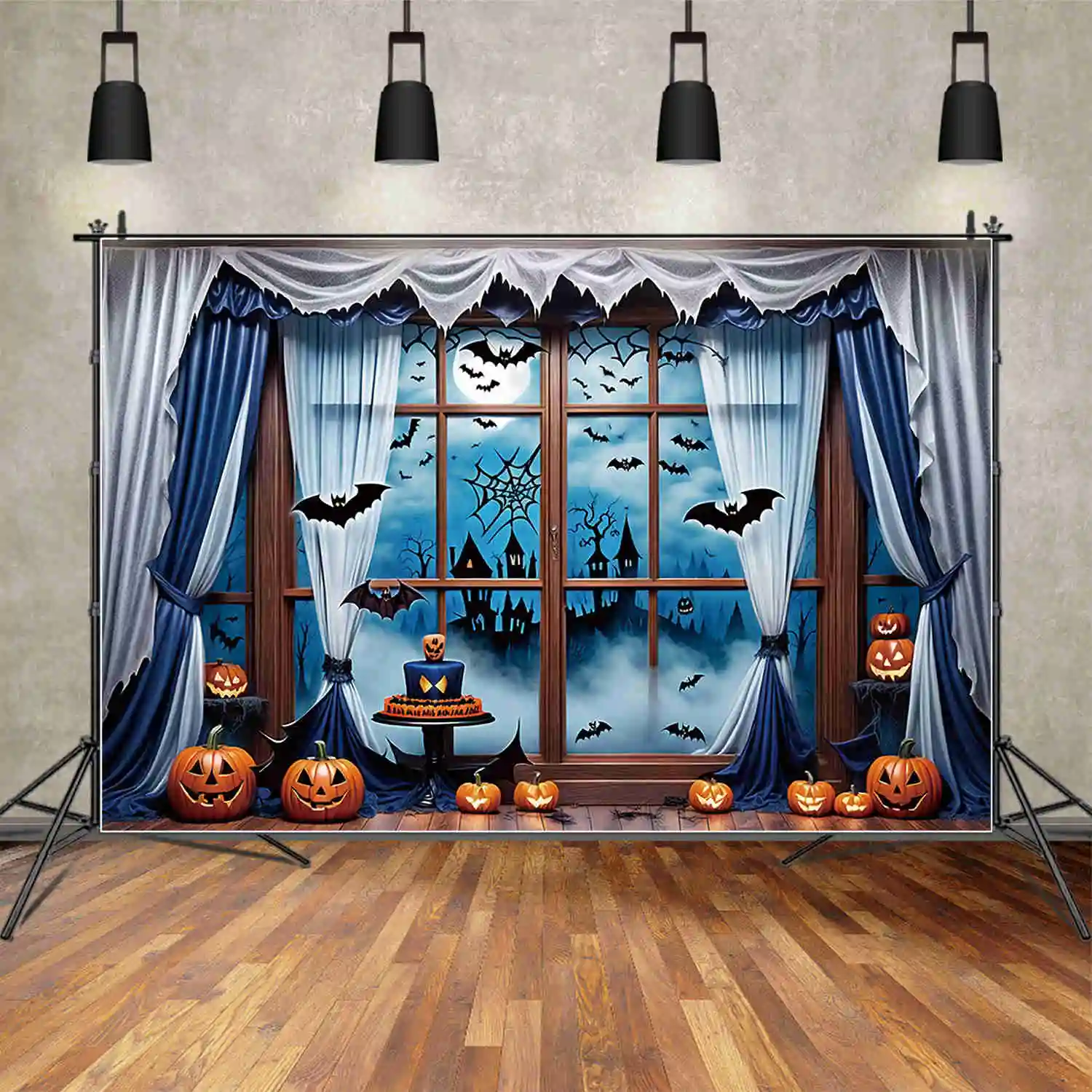 MOON.QG Halloween 2024 Background Castle Bat Blue Window Curtain Backdrops Custom Party Decoration Photocall Accessories