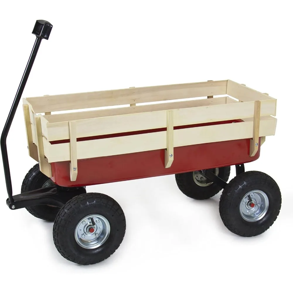 

wood wagon all terrain pulling red w/ wood railing garden cart