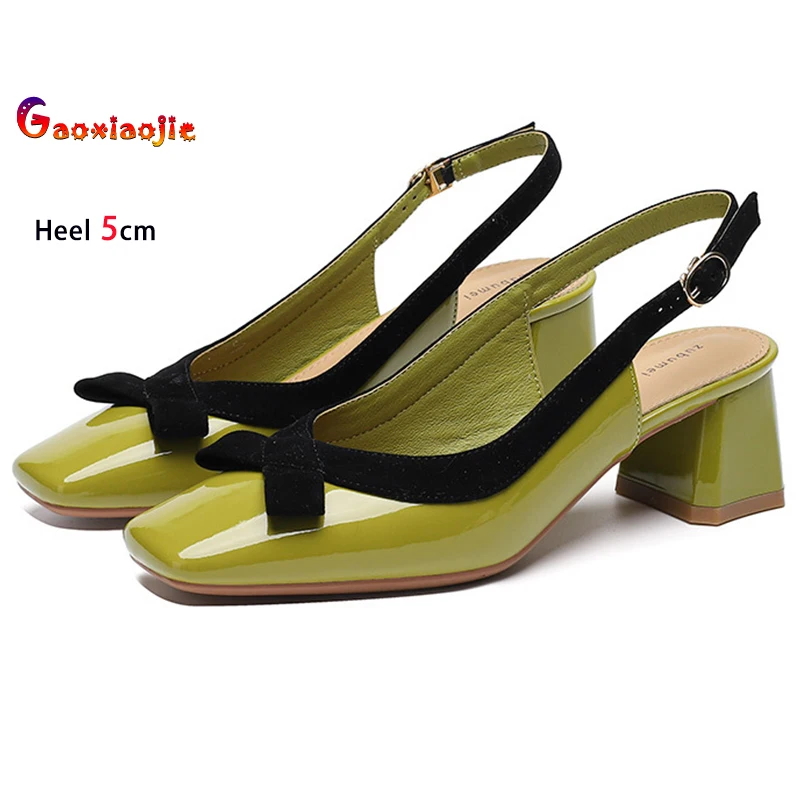 Zapatos de tacón con lazo de Color verde mostaza de 5cm para mujer, zapatos de tacón grueso con punta cuadrada y correa trasera, sandalias de boca poco profunda, zapatos de trabajo