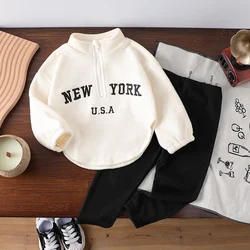 2-piece set of baby girl baby letter embroidery zipper, half open placket, loose long sleeved top and black pants for winter