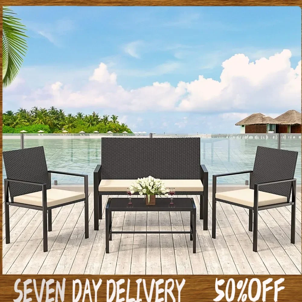 

Garden Furniture Sets-4 Pcs Includes 2 Rattan Chairs and 1 Loveseat, 1 Tempered Garden Furniture Set for Small Spaces