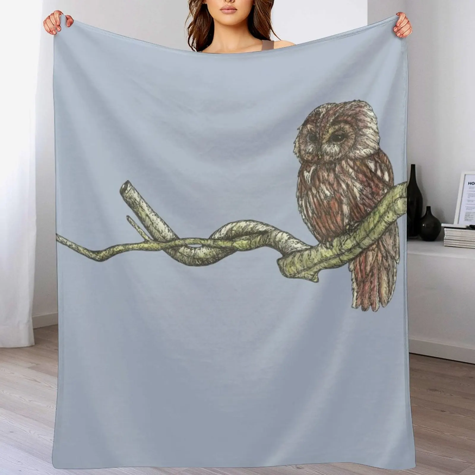 Tawny Owl on a Branch Throw Blanket Stuffeds Beach Camping Vintage Blankets