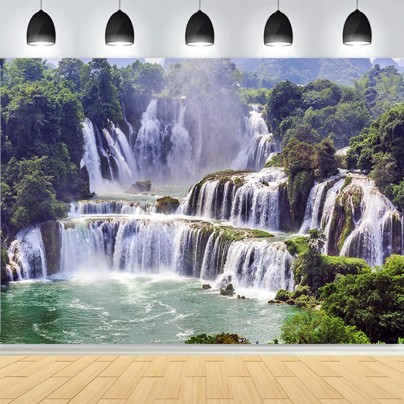 

Fresh Blue Natural Waterfall Beauty Lake Photography Backdrops Grass Landscape River Beach Park Cove Photo Background PB-05