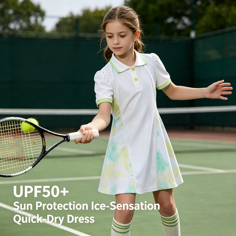 Girls UPF50+ Quick Dry Tennis Outdoor Dress Puff Sleeve Breathable Sport A Line Dress Casual School Golf Running Kids Outfit