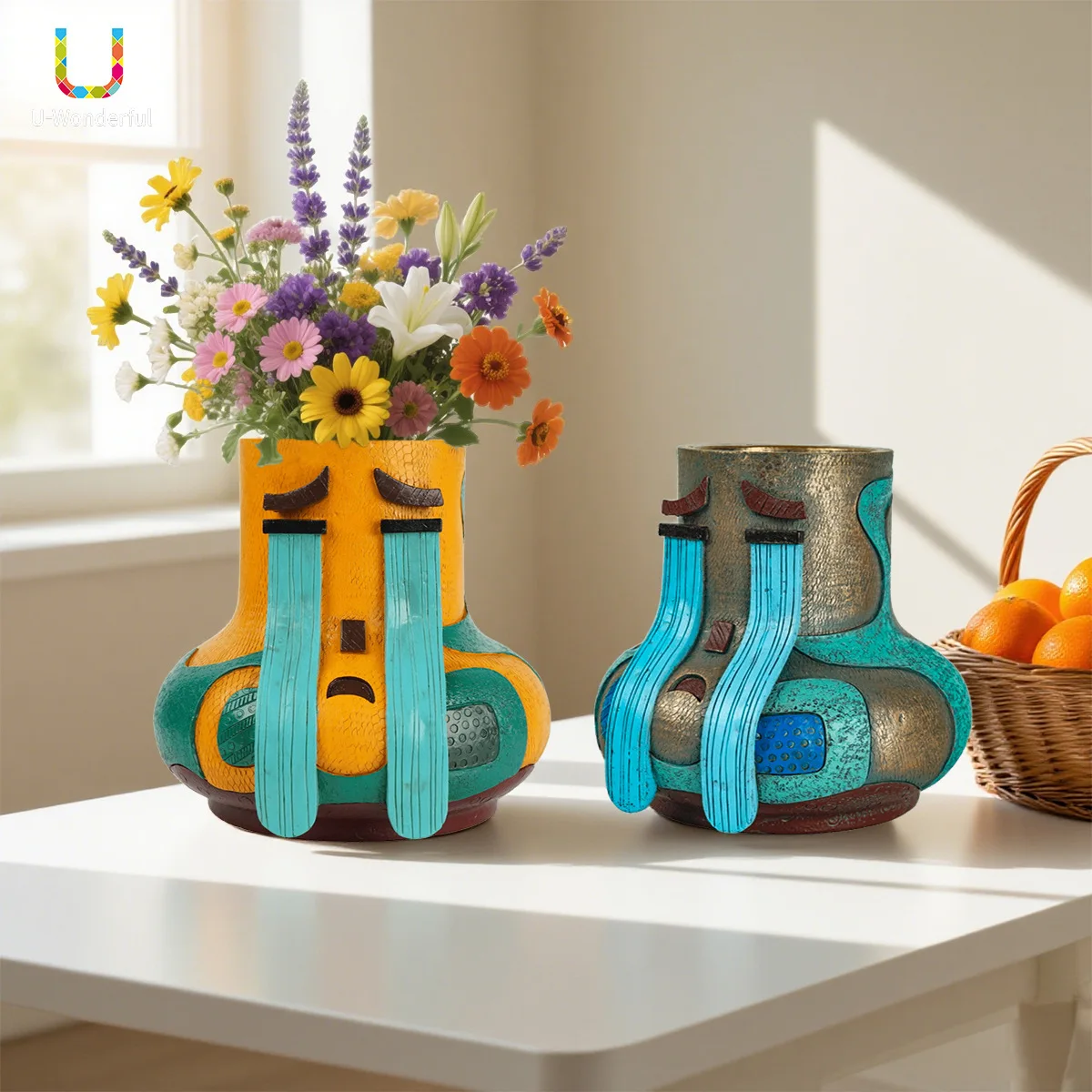 Styled resin vase with funny cute Ins-style tear/sad emoji ceramic tabletop flower arrangement
