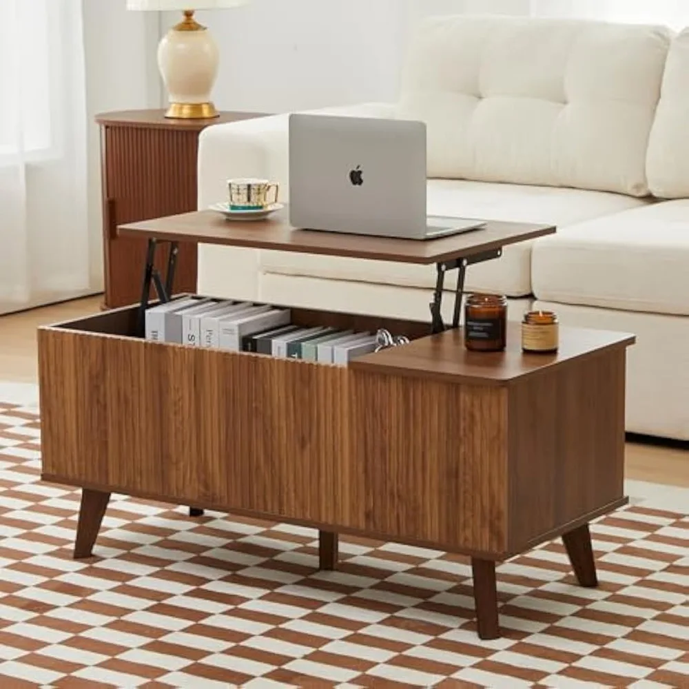 Modern Rectangular Coffee Table with Fluted Design, Lift Top and Hidden Storage