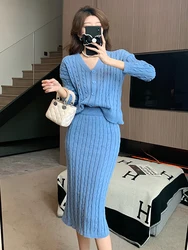 New Women Knitted Two Pieces Set Elegant Autumn Winter Lady V Neck Single-Breasted Cardigan Sweater Coat+Bodycon Mid Skirt Suis