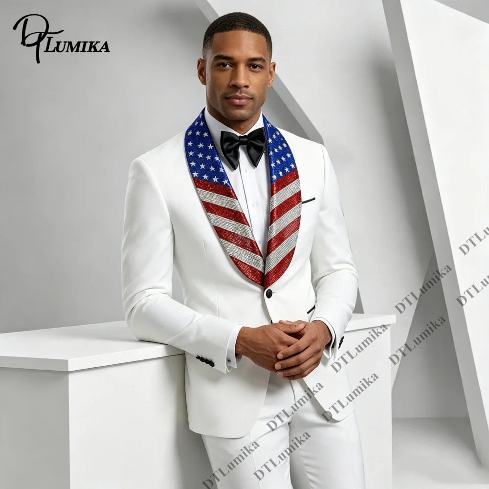 Men Tuxedo American Flag Rhinestone Shawl Lapel Slim Fit Formal Two Piece Suit Blazer Pants Premium Made to Measure Events Suits
