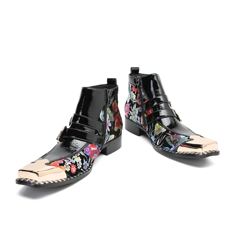 Punk Style Print Real Leather Floral Men Shoes Military Cowboy Ankle Boots Metal Square Toe Buckle Shoes Man Sapatos Social