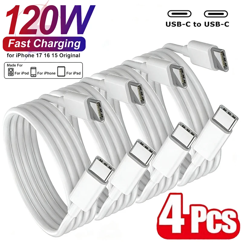 4Pcs 120W USB C Phone Cable For iPhone 16 15 17 Pro Max Fast Charging Type-C Charge Braided Cables USB to Type C Data Line