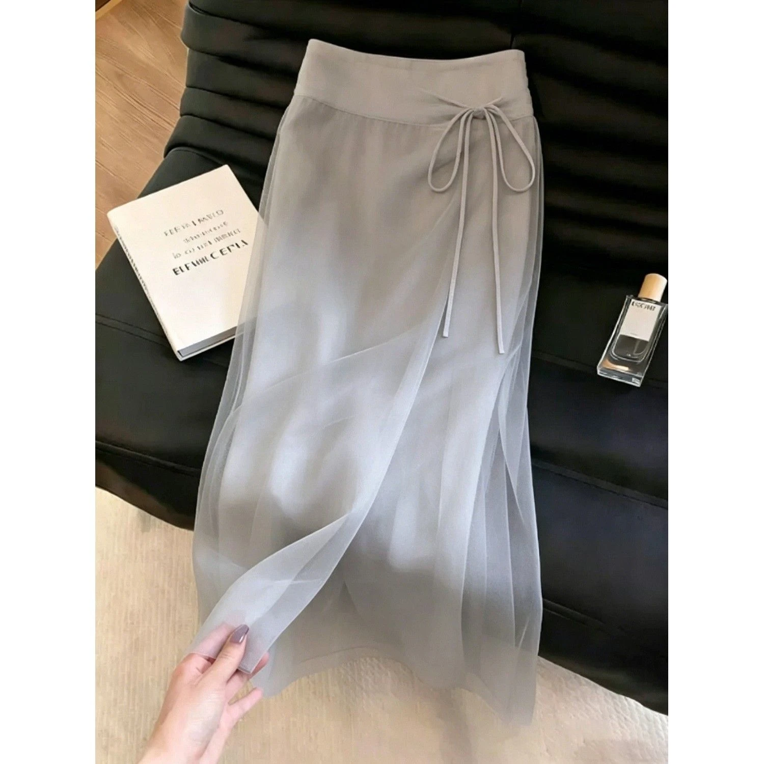 Gray Lace Belted High Waist Midi Skirt Women's Fashion Summer 2026 Slimming A-Line Skirt Polyester Fabric Embroidered Design
