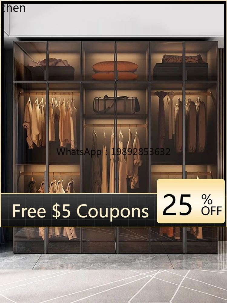 

Solid Wood Wardrobe Bedroom Home Glass Door L-Shaped Modern Light Luxury Corner Cloakroom Storage Cabinet Combination