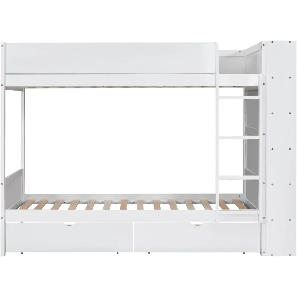 Beliche branco Merax Twin sobre Twin com gavetas de armazenamento e armário de vários camadas, estante incluída, sem necessidade de molas