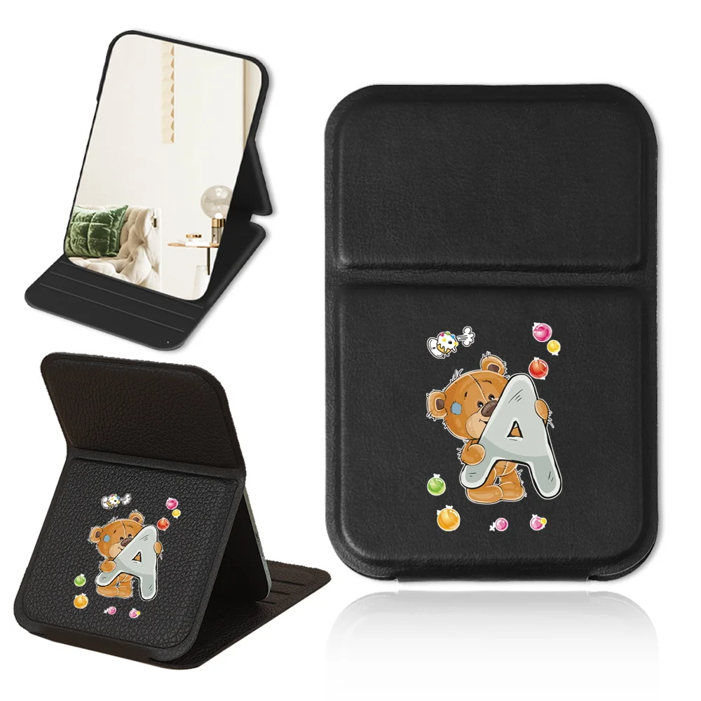 Portable Folding Vanity Mirror PU Leather Cover Makeup Mirror Dustproof For Purse Pocket Cosmetic Mirror Fun Bear Letter Pattern