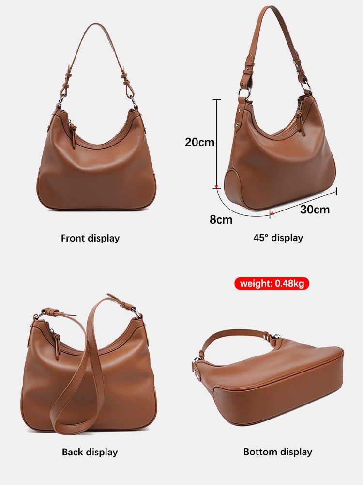 Zency New Half-moon For Women Underarm Hobo Bag  Genuine Leather Handbag Shoulder Crossbody Solid Bottom Retro Purse For Girls