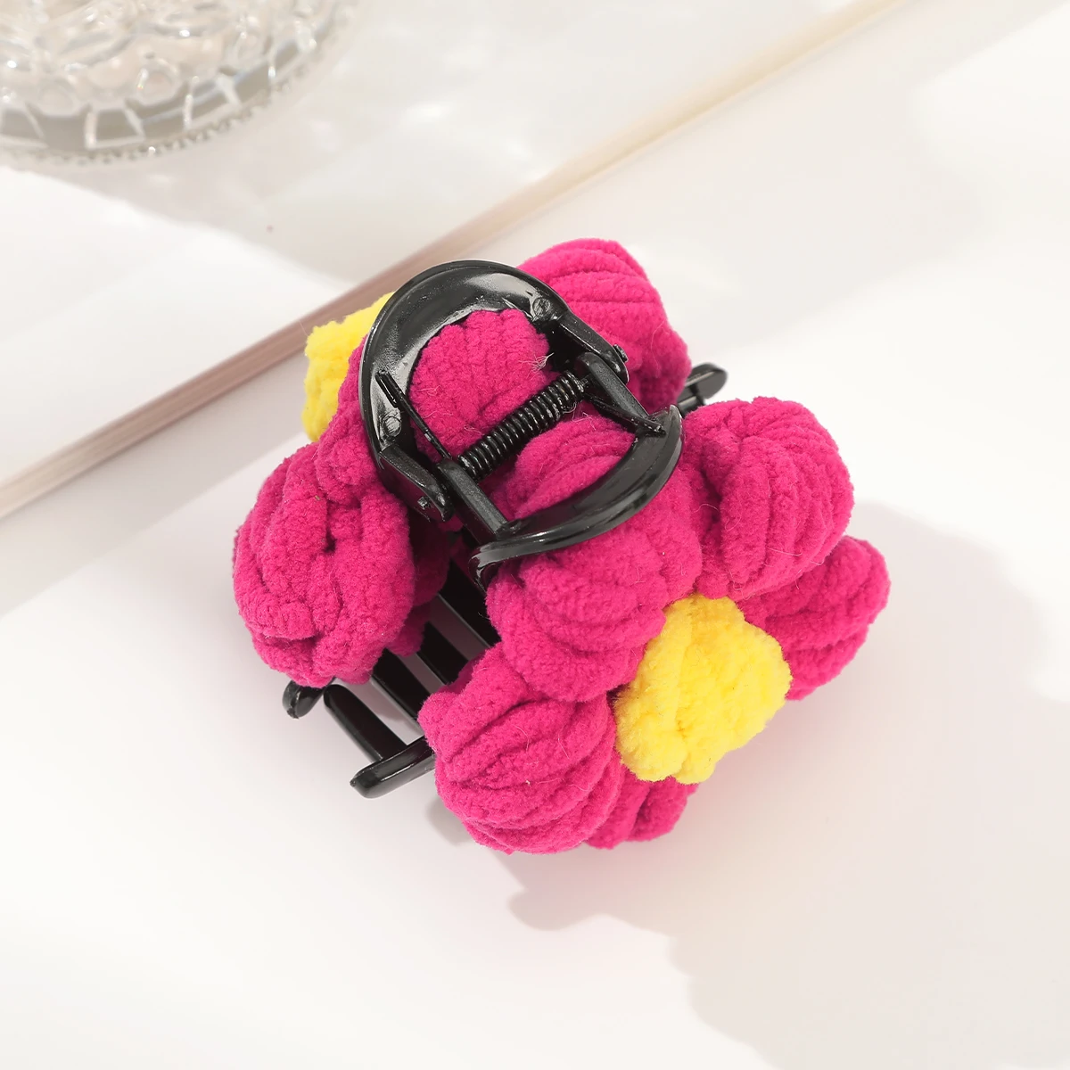 AWAYTR Yarn Pink Flower Hair Claw Clips Women Girls Soft Flowers Ponytail Holder Hair Clamps Barrette Fashion Hair Accessories