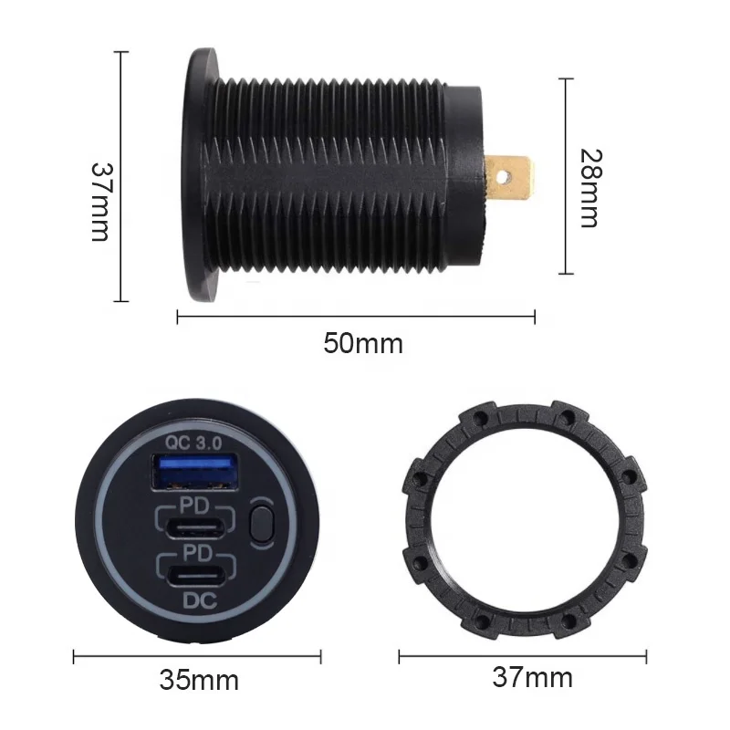 USB C Car Charger Socket 12V/24V Multiple USB Outlet Two 40W PD USB-C & QC3.0 Ports with Power Switch Fast Car Adapter
