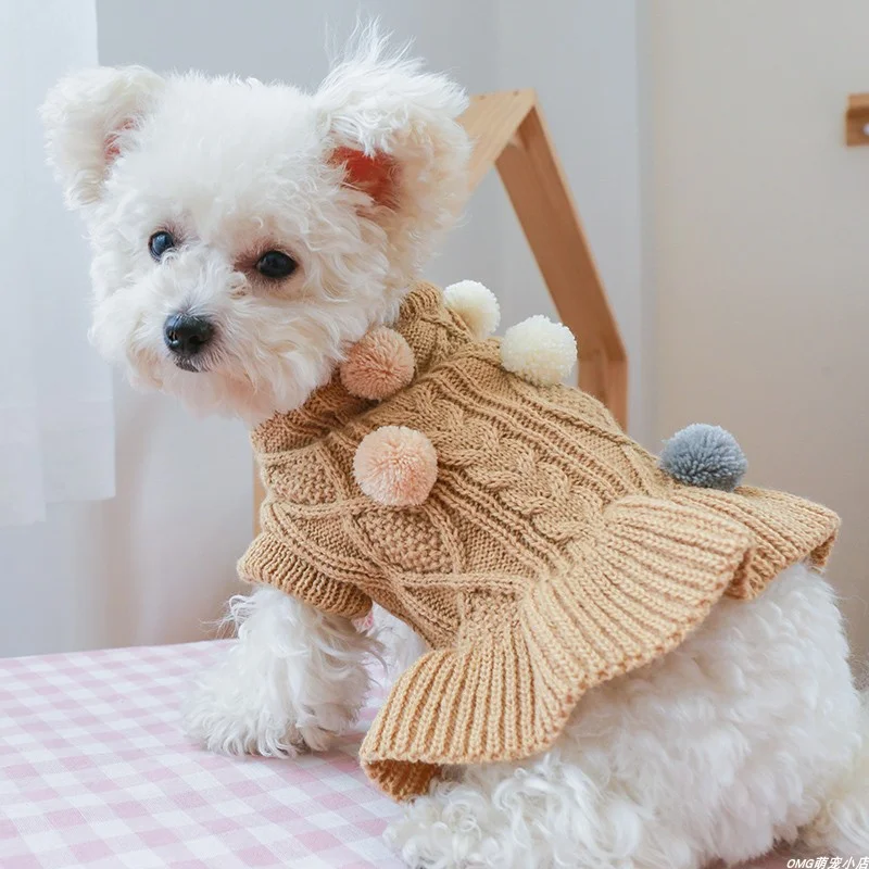 1PC Pet Apparel Dog Autumn and Winter Thickened Warm Pink Coffee Ball Knit Pullover Sweater Dress For Small Medium Dogs