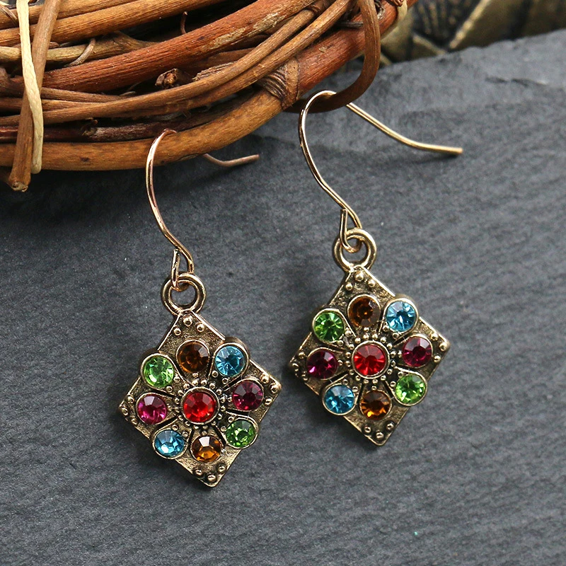 Vintage Ethnic Drop Glaze Rhinestone Flower Dangle Earrings for Women Unique Elegant Boho Beads Geometric Drop Earrings Jewelry