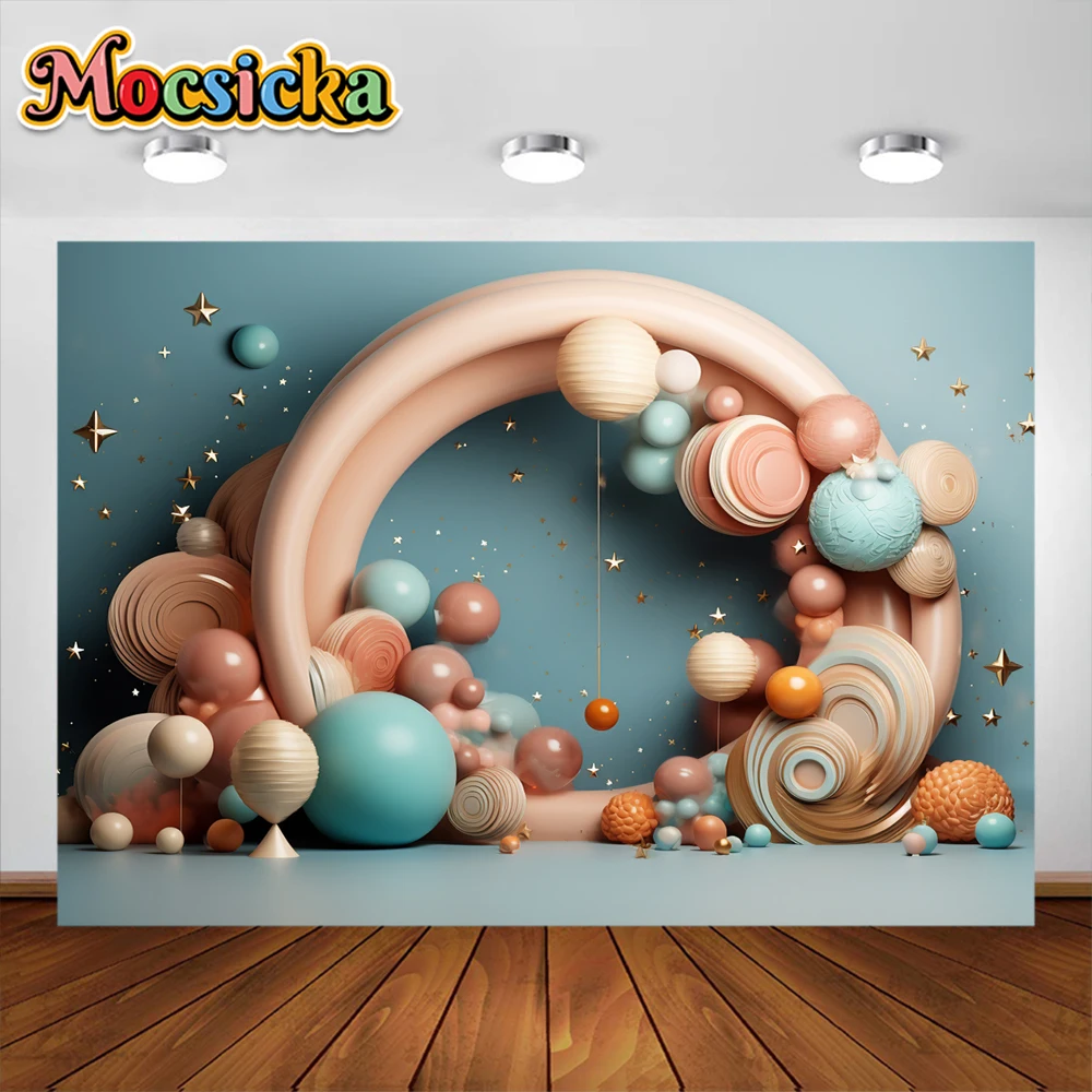 Balão de ar quente fotografia fundo, cortinas azuis, franja folha, lantejoulas, chuveiro de bebê, menino, decoração de aniversário