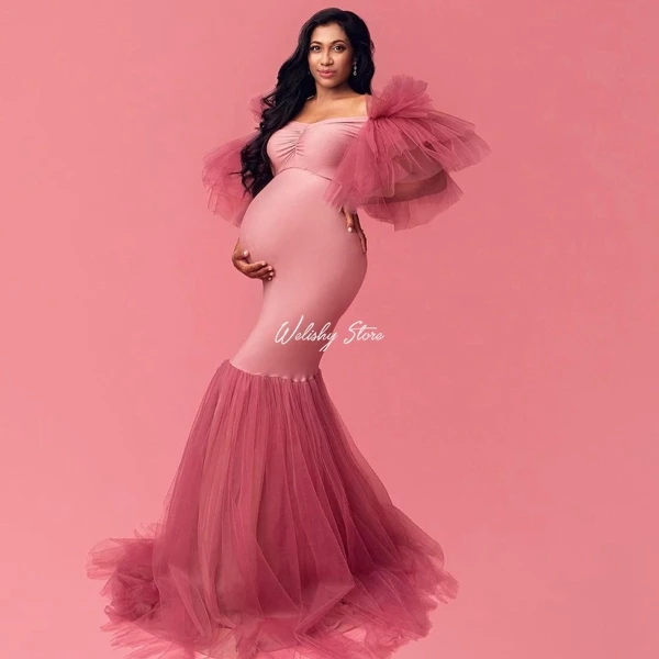 

Blush Pink Off Shoulders Stretchy Mermaid Maternity Dresses Puffy Ruffled Sleeve Tulle Dress A-line Tulle Bottom Long Party Gown