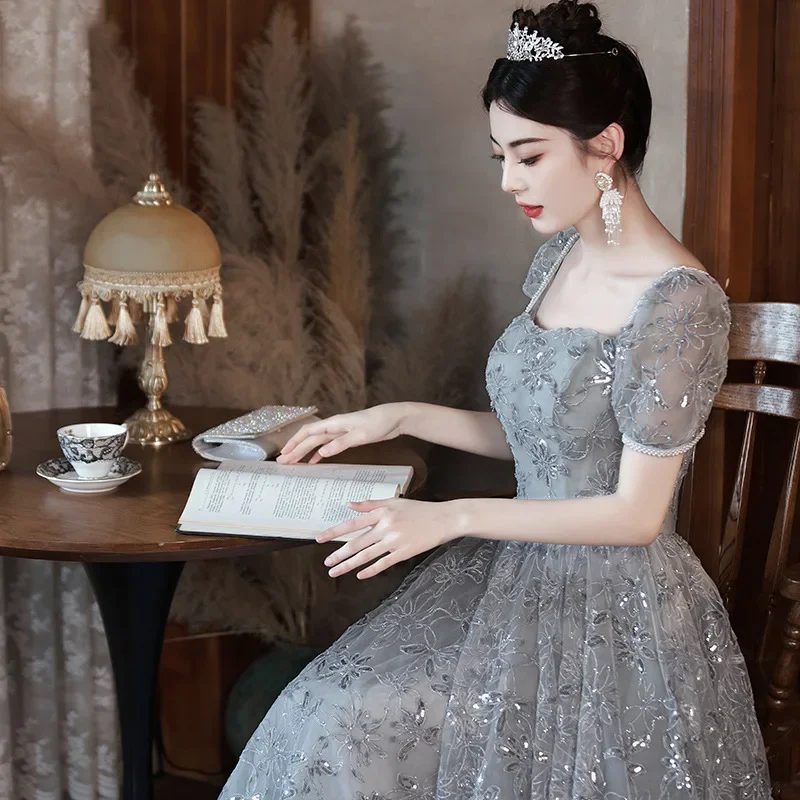 Vestido de noite de banquete europeu e americano para mulheres primavera/verão novo estilo aniversário adulto vestido de casamento francês brinde