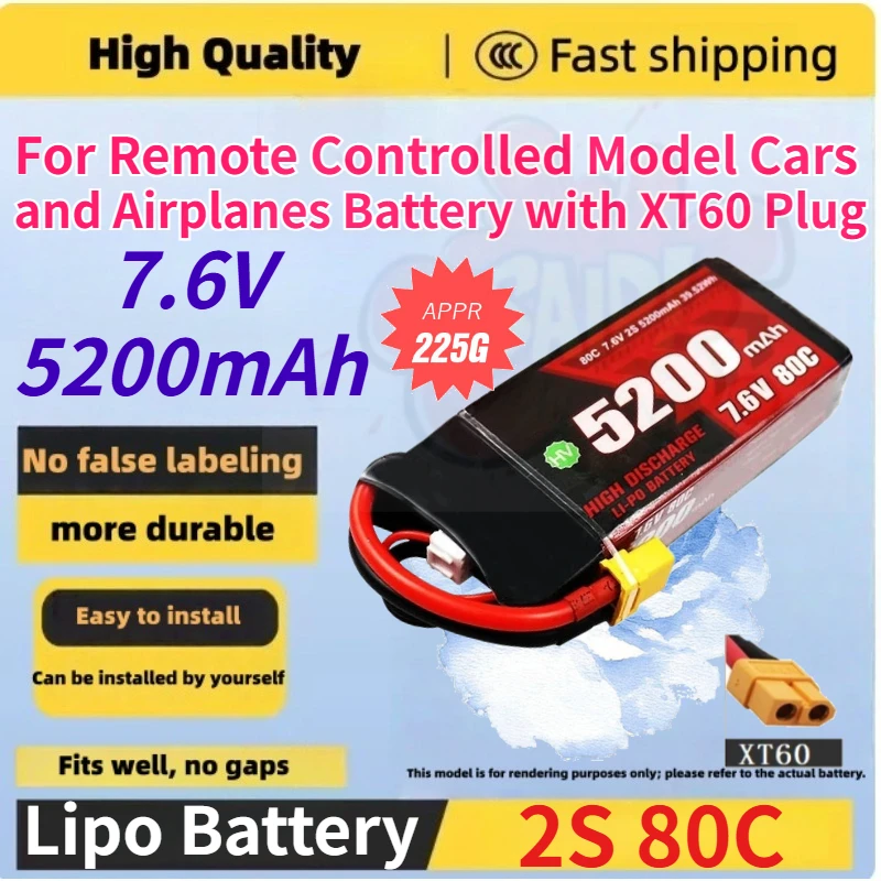 

New 2S 7.6V 5200mah 80C Replace Rechargeable Lipo Battery for Remote Controlled Model Cars and Airplanes Battery with XT60 Plug
