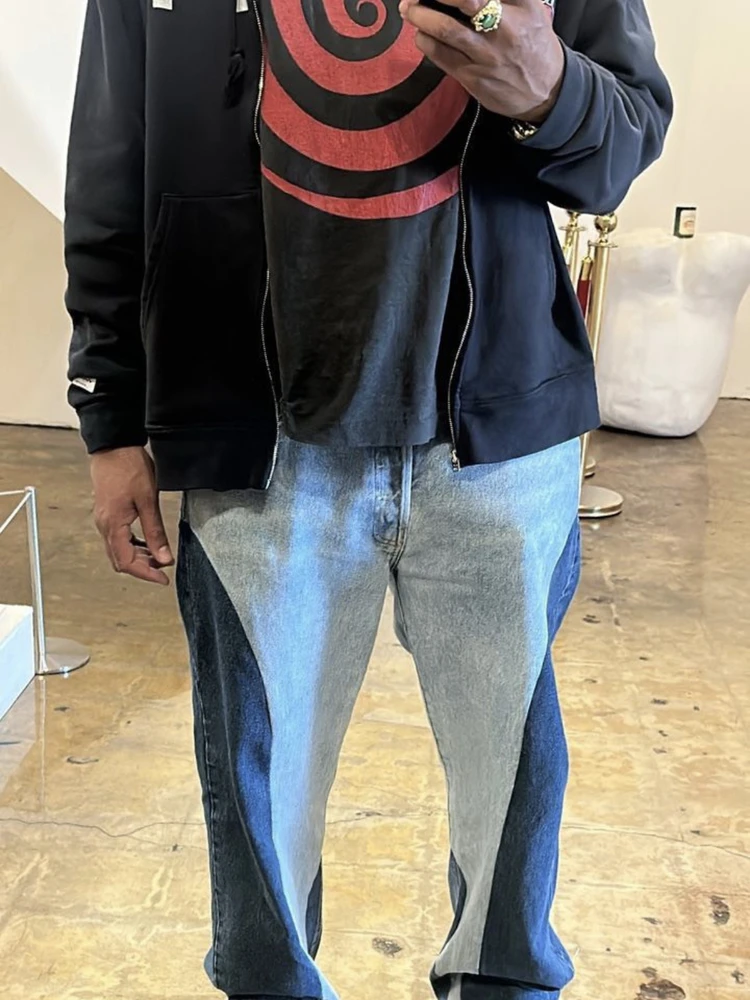 جينز رجالي كاجوال عتيق من American Sle بأرجل مستقيمة وواسعة الساق جينز متوسط الخصر مرقع فضفاض يناسب جميع المواسم #3