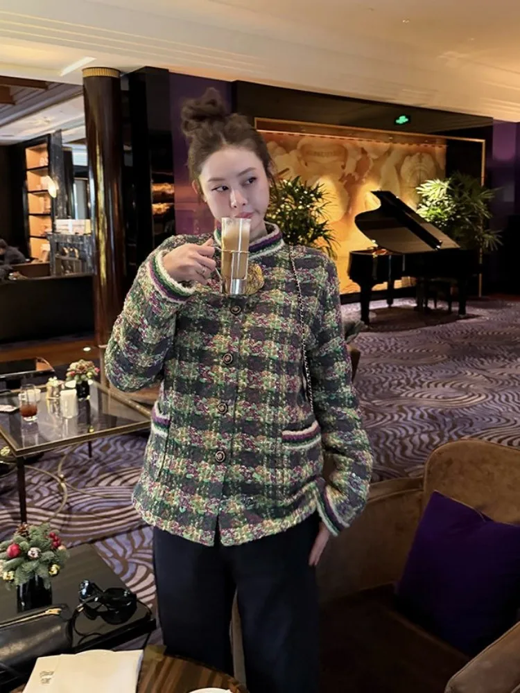 Autumn Winter Women Vintage Tweed Jacket Stand Collar Warm Padded Plaid Coat Long Sleeve Single Breasted Female Casual Outerwear