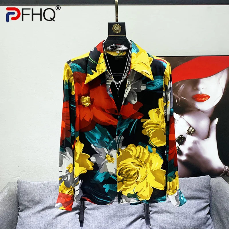 PFHQ 2023 Summer New Fashion Casual Printing Shirts For Men Turn-down Collar Long Sleeve Loose Men\'s Blouse Clothing 21F4054