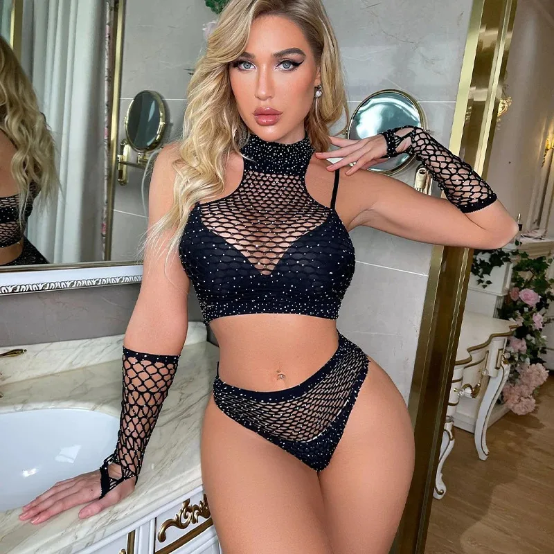 Nueva lencería Sexy con diamantes de imitación para mujer, conjunto de sujetador de 2 piezas a la moda, sujetador, bragas, traje Sexy porno, ropa interior erótica para muñeca bebé, ropa de dormir